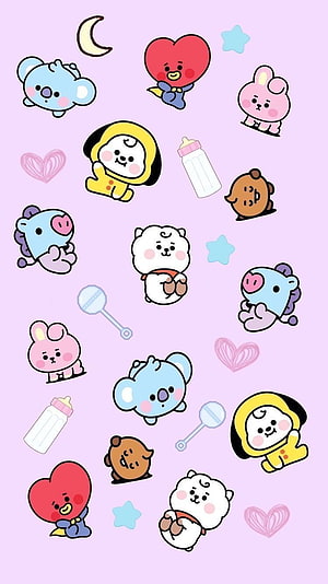 Cute BT21 Baby Characters Pattern Wallpaper with Koya, Cooky, Chimmy, and TATA on Pastel Purple Background HD phone wallpaper