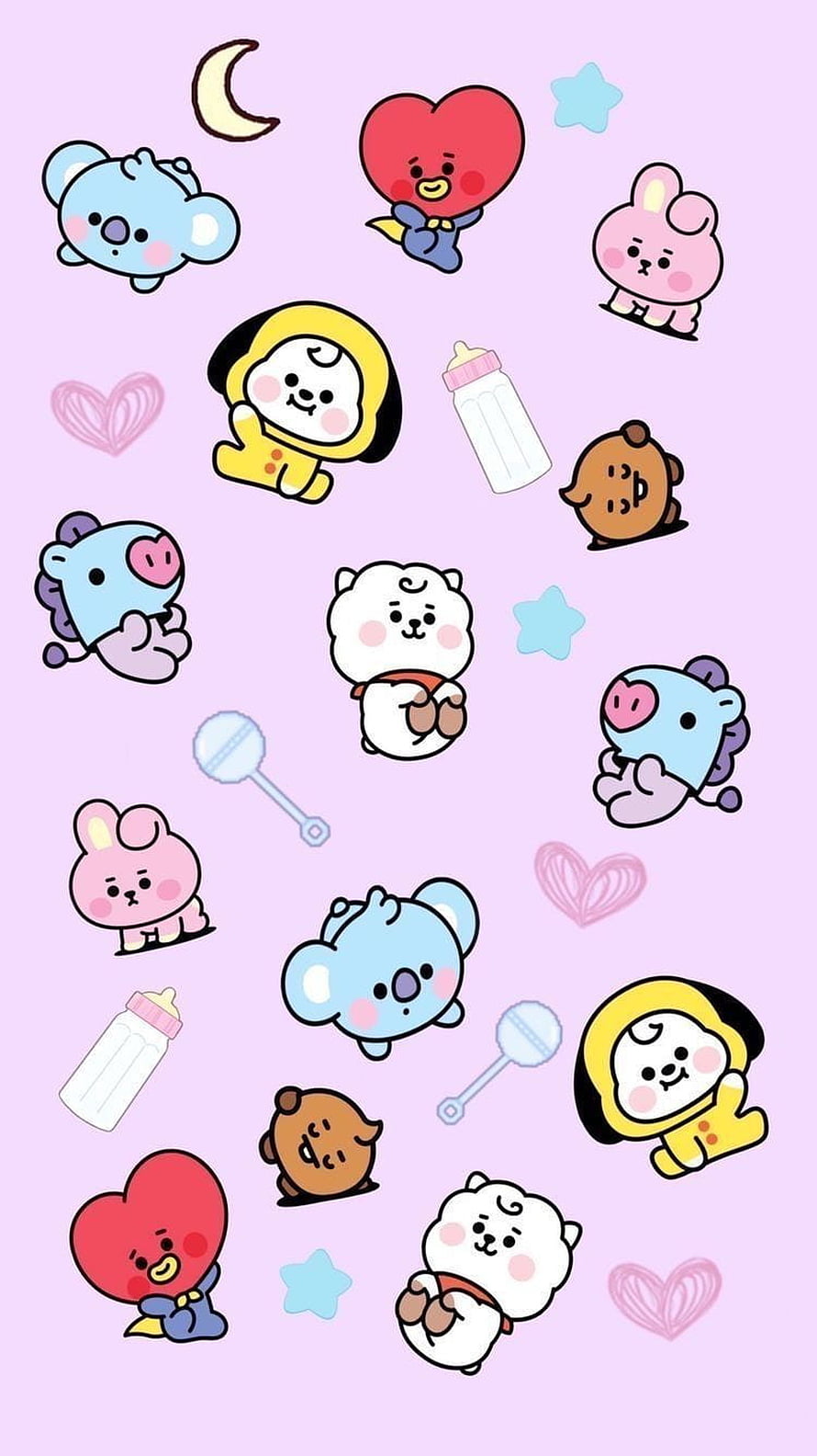 Cute BT21 Baby Characters Pattern Wallpaper with Koya, Cooky, Chimmy, and TATA on Pastel Purple Background HD phone wallpaper