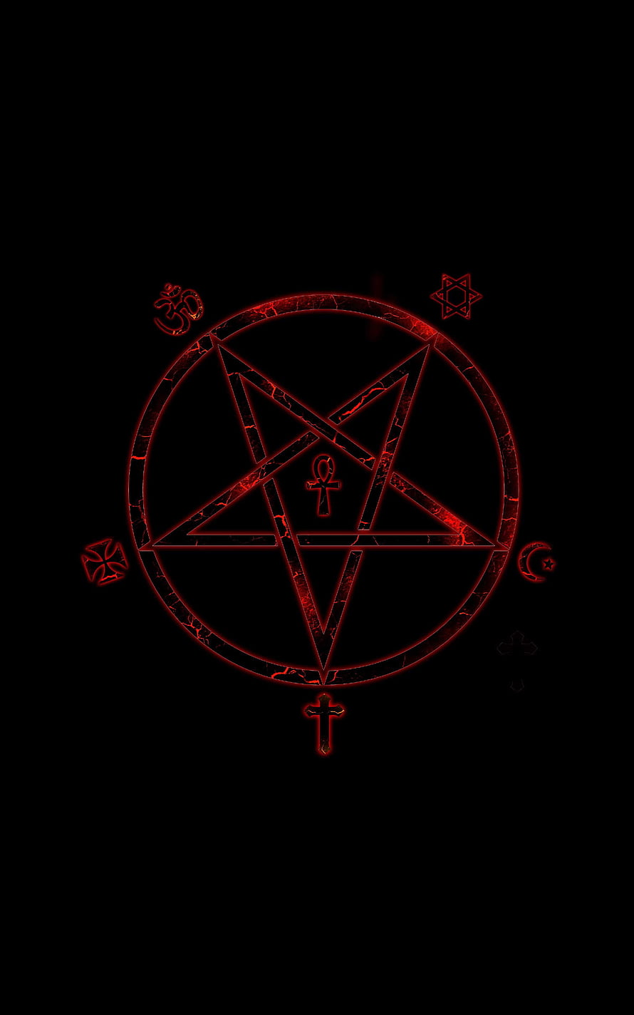 Glowing Red Pentagram Symbol With Ankh And Religious Icons On Black Background HD phone wallpaper