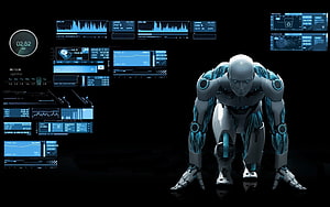 Futuristic Android Robot with Blue Neon Accents and Digital HUD Interface HD wallpaper