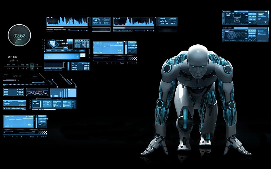 Futuristic Android Robot with Blue Neon Accents and Digital HUD Interface HD wallpaper