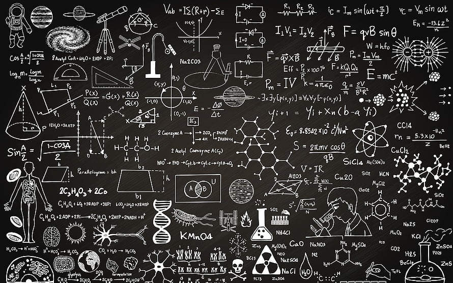 Chalkboard Filled With Science Formulas, Math Equations, And Educational Diagrams HD wallpaper