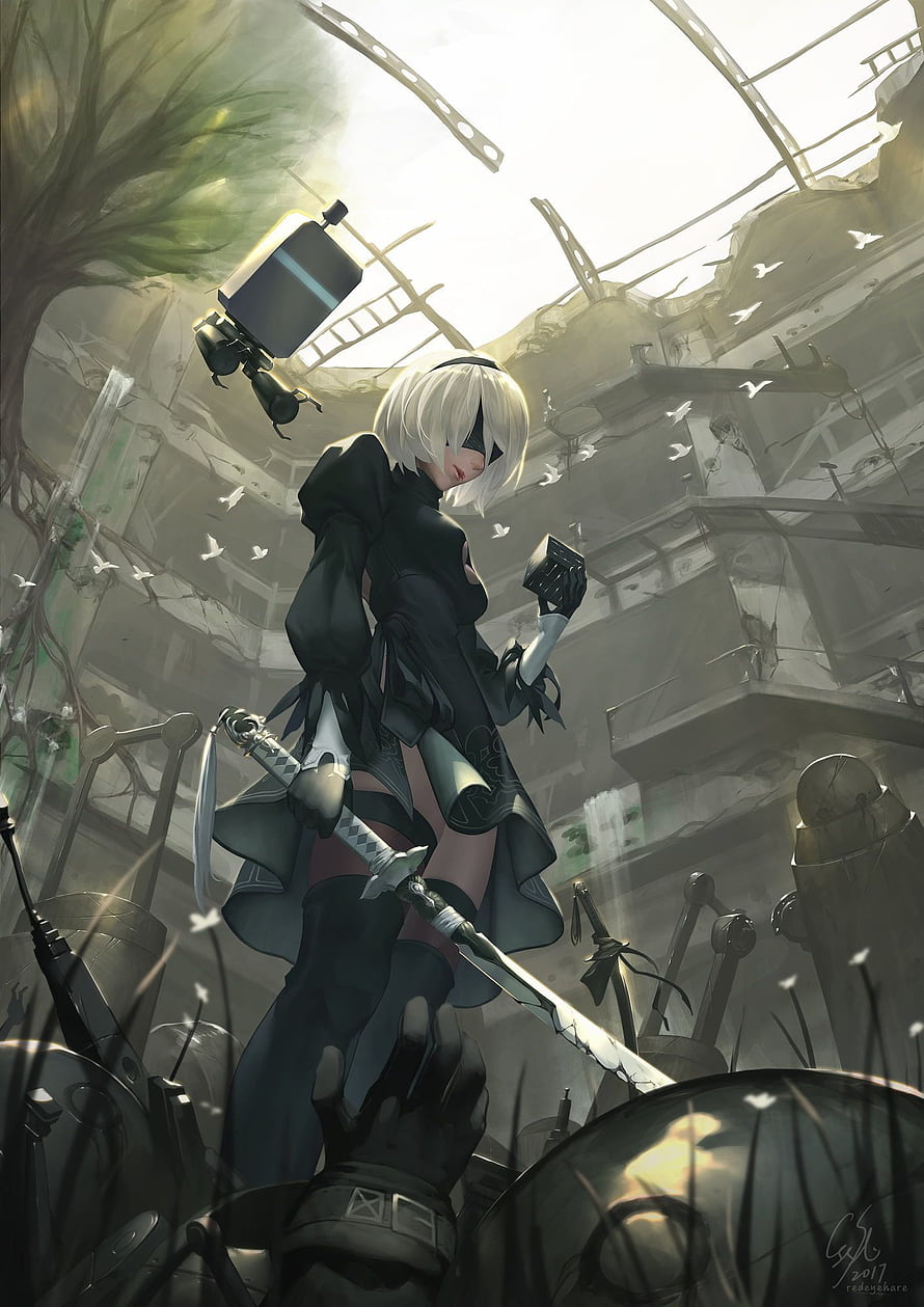 NieR: Automata 2B Wielding Katana in Ruined Industrial Landscape HD phone wallpaper