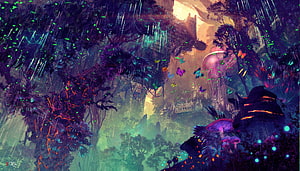 Bioluminescent Sci-Fi Jungle with Glowing Flora and Futuristic Structures HD wallpaper