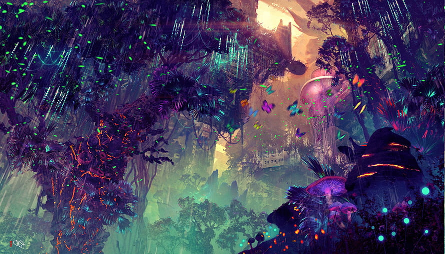 Bioluminescent Sci-Fi Jungle with Glowing Flora and Futuristic Structures HD wallpaper