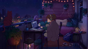 Cozy Night Study Session on Balcony with Cat and City View HD wallpaper