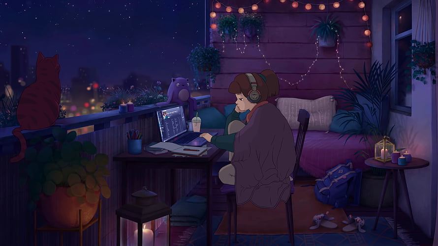 Cozy Night Study Session on Balcony with Cat and City View HD wallpaper