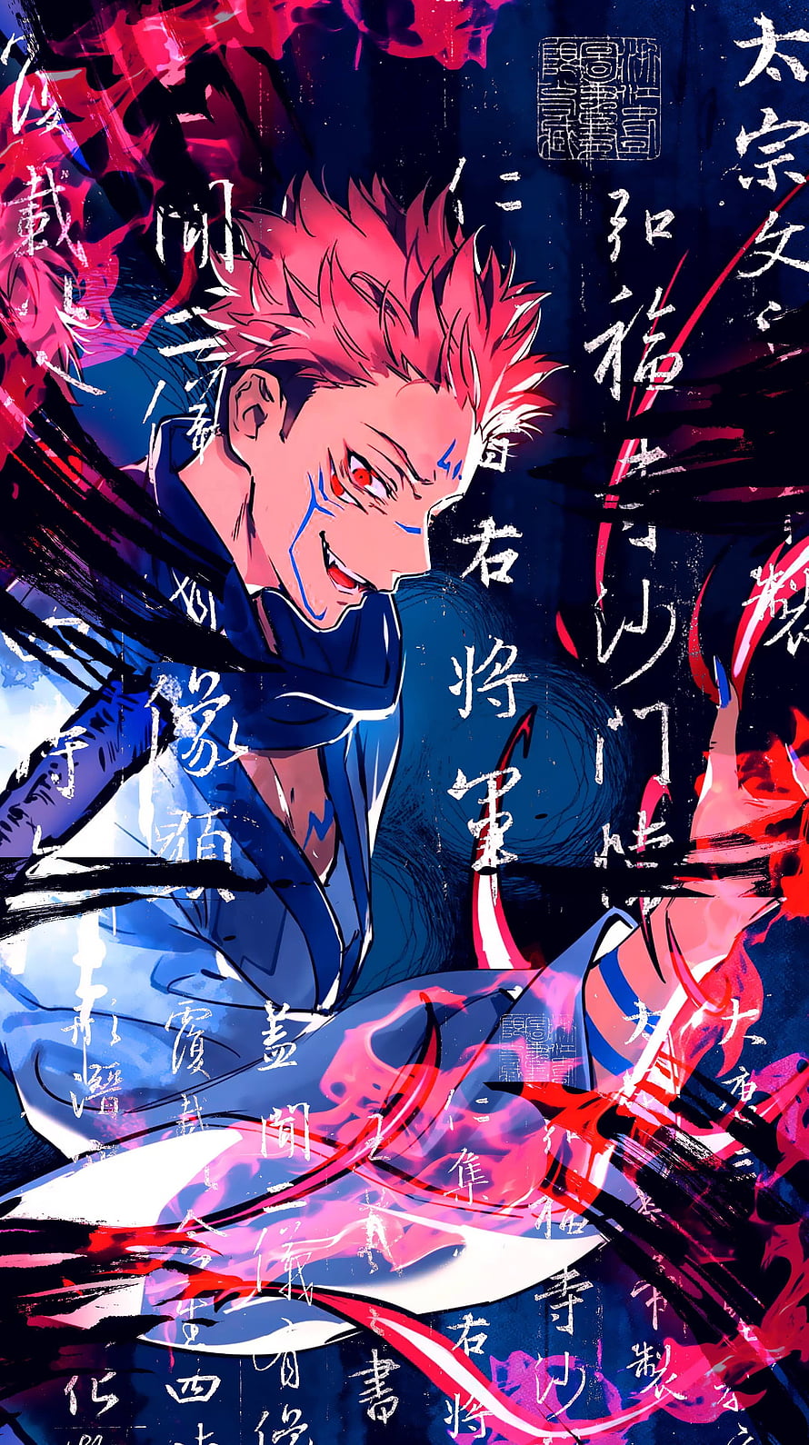 Sukuna Ryomen from Jujutsu Kaisen anime character with red hair and blue markings in dynamic pose HD phone wallpaper
