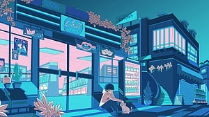 Lo-Fi Anime Street Scene With Cat And Chill Store Neon Signage HD wallpaper