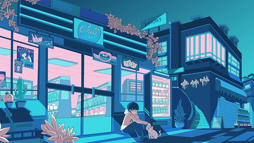 Lo-Fi Anime Street Scene With Cat And Chill Store Neon Signage HD wallpaper