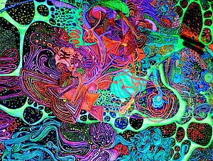 Vibrant Psychedelic Abstract Art with Intricate Geometric Patterns and Neon Colors HD wallpaper