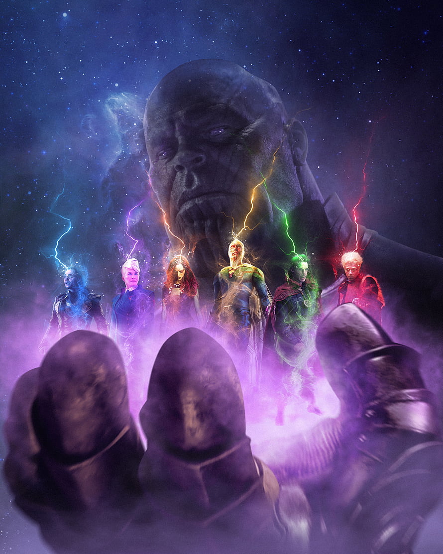 Thanos and the Infinity Stones in a Cosmic Marvel Cinematic Universe Scene HD phone wallpaper