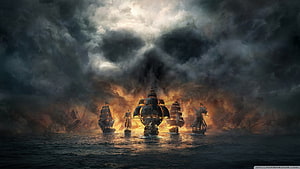 Dramatic Naval Fleet Sailing Through Stormy Seas With Fiery Sunset Horizon HD wallpaper