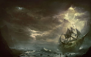 Stormy Fantasy Seascape with Wrecked Ship and Dark Rocky Coastline HD wallpaper