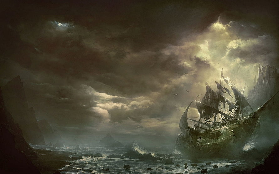 Stormy Fantasy Seascape with Wrecked Ship and Dark Rocky Coastline HD wallpaper