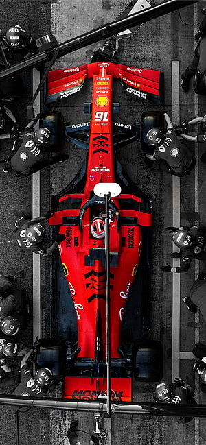Ferrari F1 Car Pit Stop Overhead View With Crew HD phone wallpaper