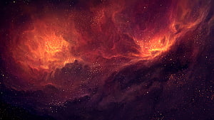 Vibrant Red and Orange Nebula with Swirling Cosmic Dust and Starry Background HD wallpaper