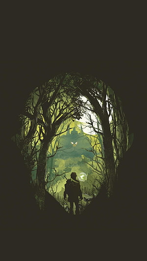 Legend of Zelda Silhouette in Enchanted Forest with Glowing Eyes and Misty Landscape HD phone wallpaper