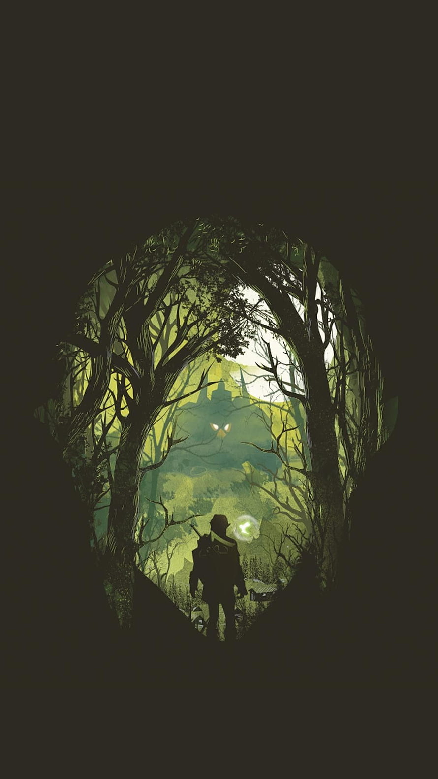 Legend of Zelda Silhouette in Enchanted Forest with Glowing Eyes and Misty Landscape HD phone wallpaper