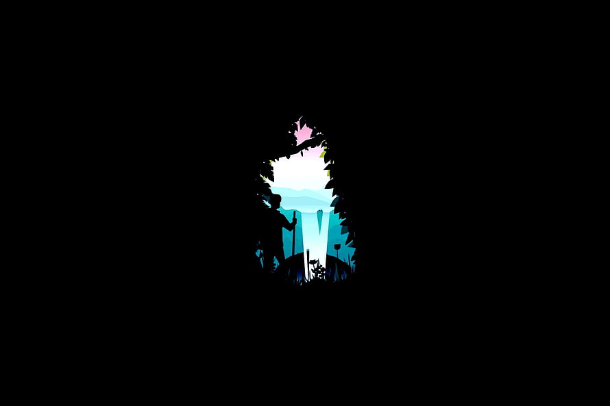 Minimalist Explorer Silhouette in Dark Jungle Framing with Distant Waterfall and Pink Sky HD wallpaper