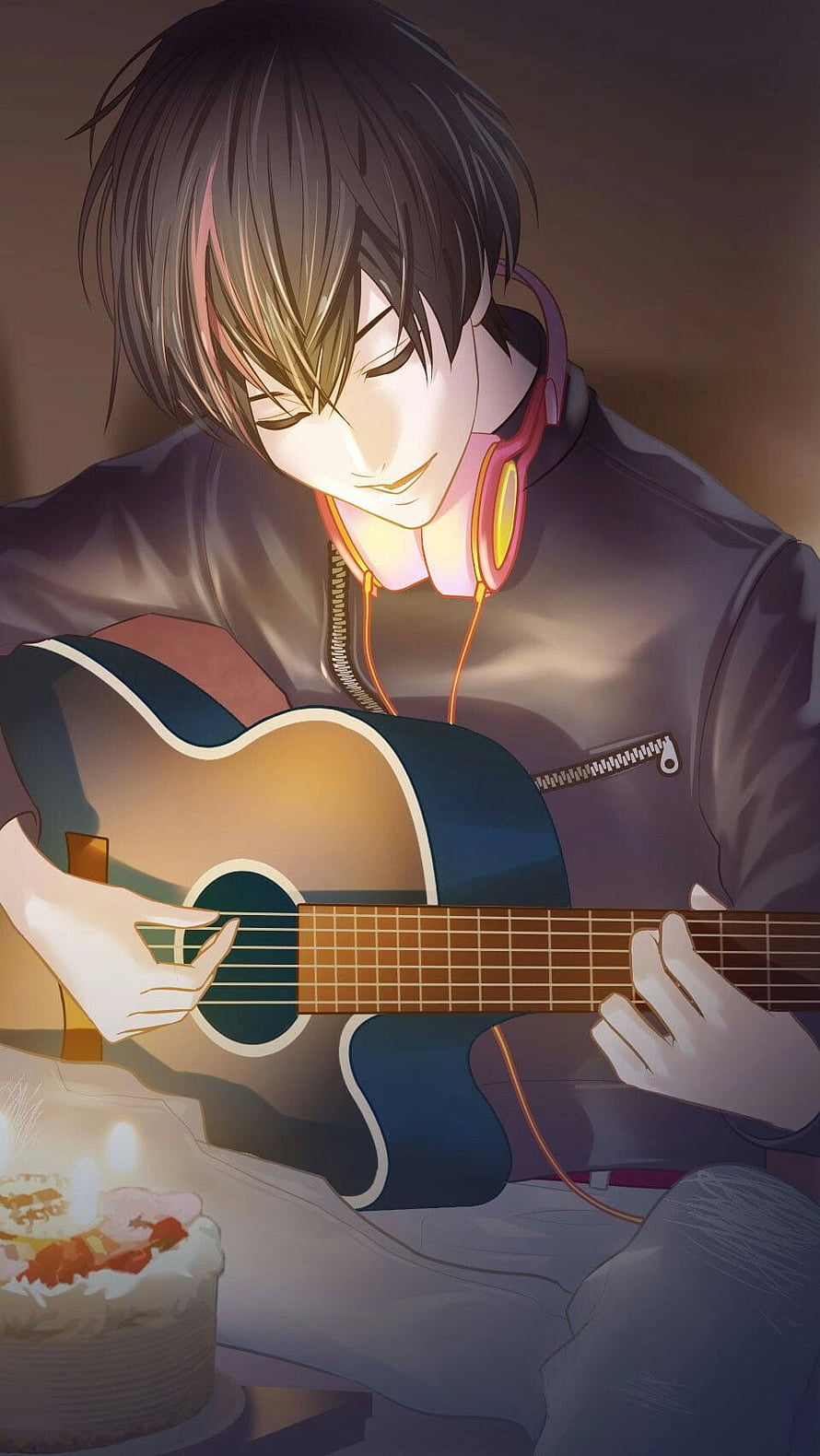 Anime Boy Playing Acoustic Guitar with Headphones and Birthday Cake HD phone wallpaper