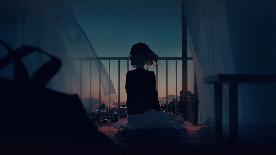 Anime Girl Sitting on Balcony Watching City Sunset HD wallpaper
