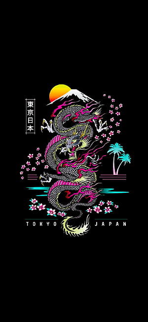 Neon Japanese Dragon With Mount Fuji And Cherry Blossoms Tokyo Japan Wallpaper HD phone wallpaper