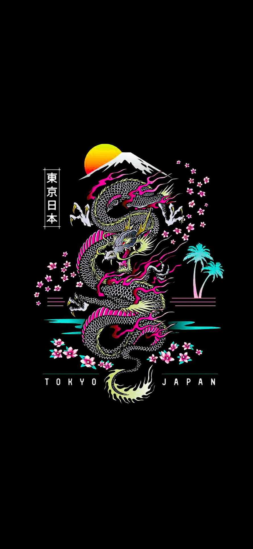 Neon Japanese Dragon With Mount Fuji And Cherry Blossoms Tokyo Japan Wallpaper HD phone wallpaper
