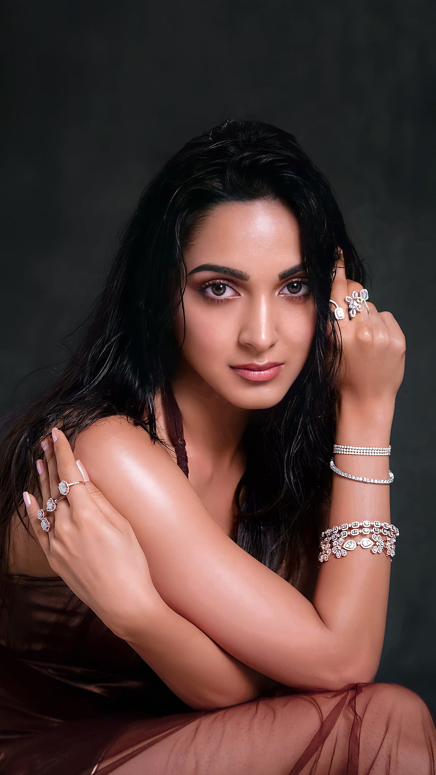 Kiara Advani Elegant Portrait Wearing Diamond Jewelry and Dark Gown HD phone wallpaper