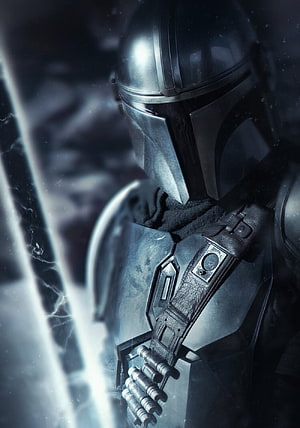 The Mandalorian in Beskar Armor Holding a Glowing Lightsaber in a Dark Cinematic Scene, Mandalorian, Darksaber HD phone wallpaper