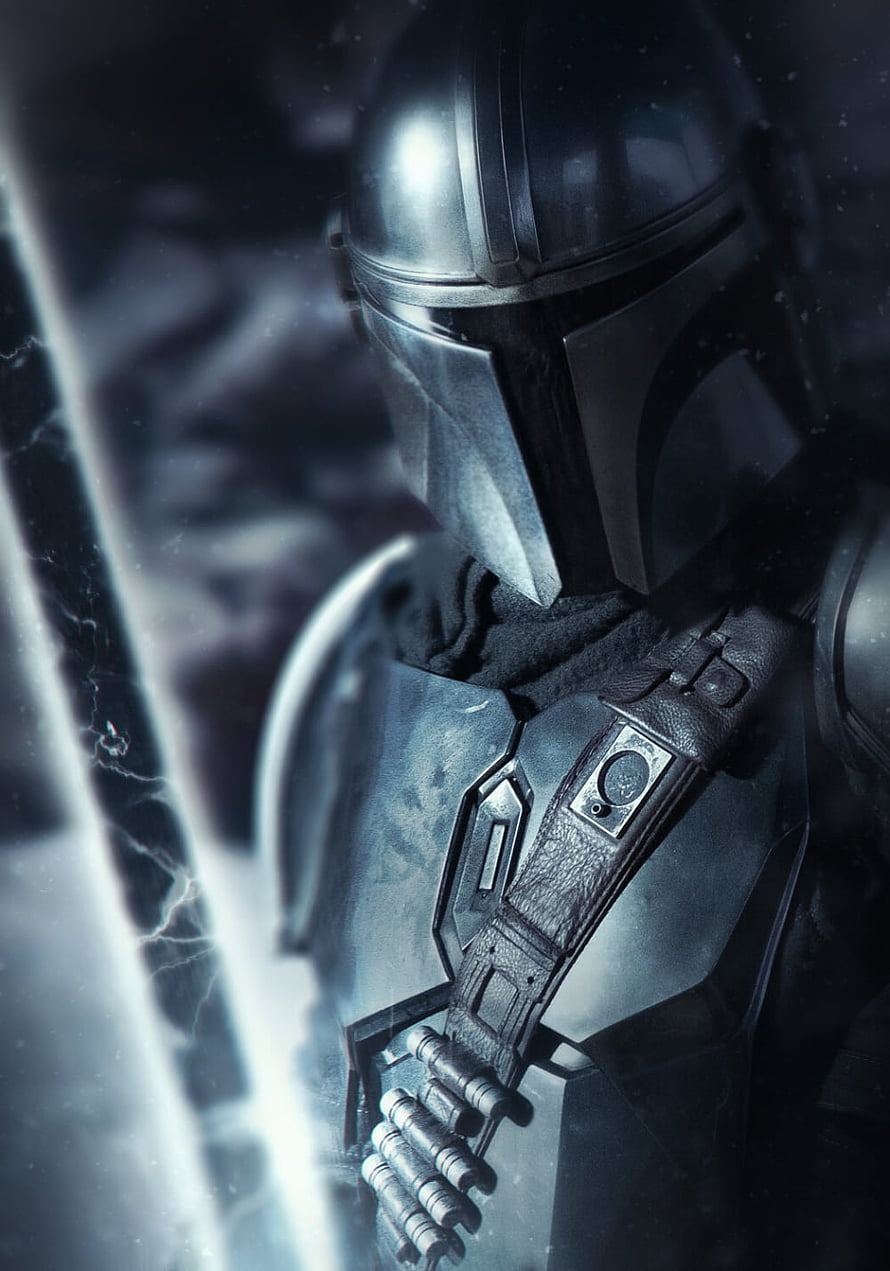 The Mandalorian in Beskar Armor Holding a Glowing Lightsaber in a Dark Cinematic Scene, Mandalorian, Darksaber HD phone wallpaper