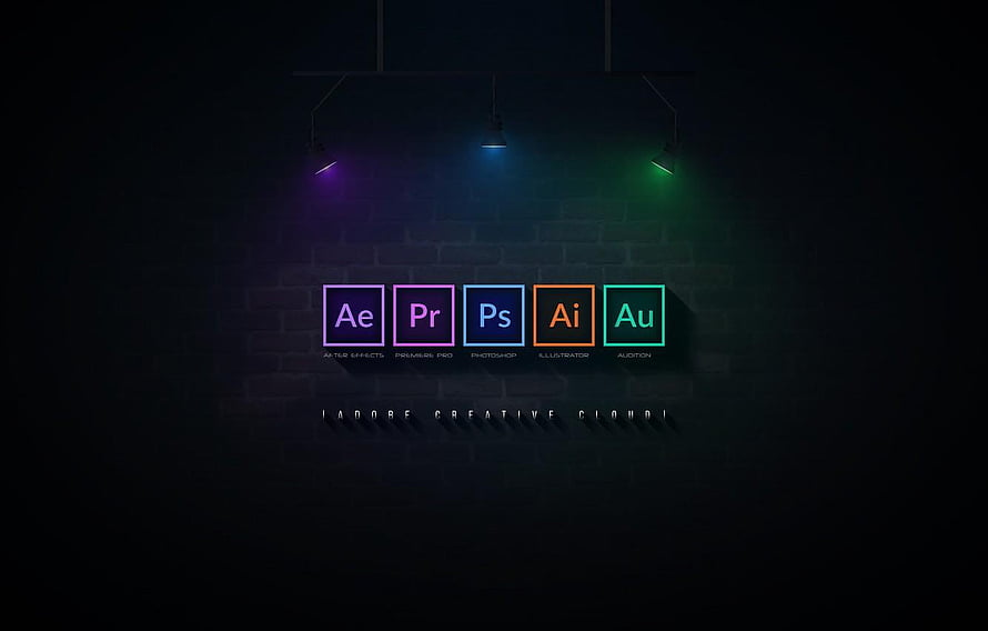 Adobe Creative Cloud Suite Icons on Dark Brick Wall with Neon Lighting HD wallpaper
