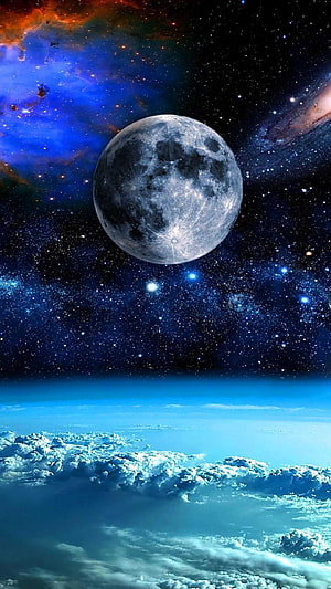 Full Moon Rising Above Clouds Against a Vibrant Nebula and Starry Sky HD phone wallpaper