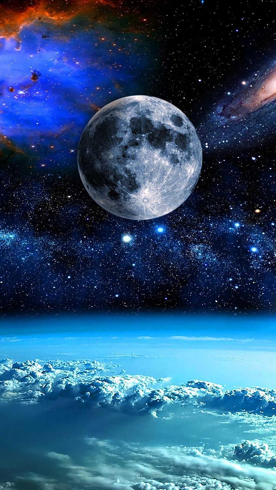 Full Moon Rising Above Clouds Against a Vibrant Nebula and Starry Sky HD phone wallpaper