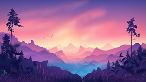 Vibrant Purple Mountain Landscape at Sunset with Silhouetted Pine Trees and Misty Valleys HD wallpaper