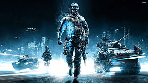 Futuristic Soldier Leading Military Convoy Through Neon City at Night HD wallpaper