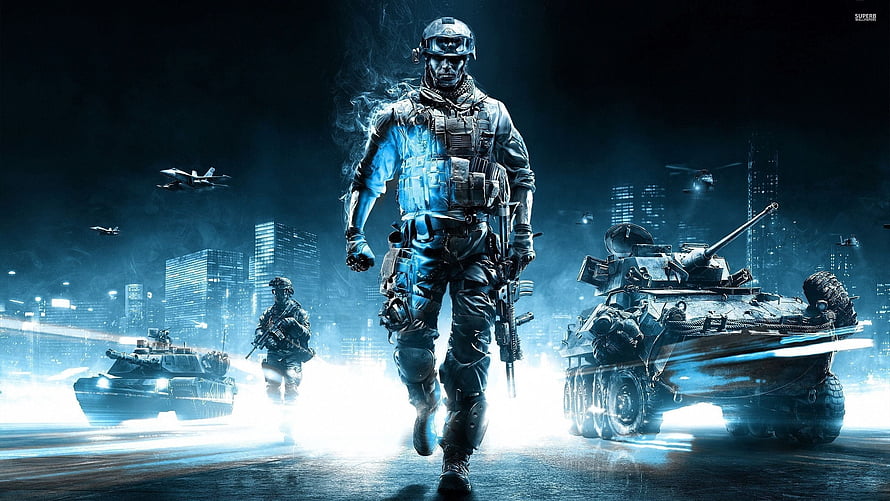 Futuristic Soldier Leading Military Convoy Through Neon City at Night HD wallpaper