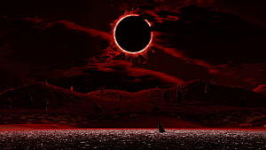 Berserk Eclipse Scene with Silhouetted Figures on a Dark Red Landscape HD wallpaper