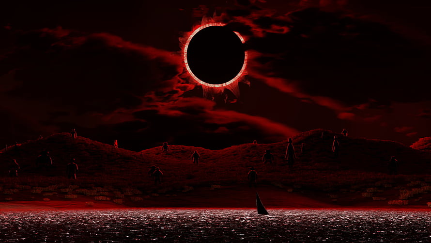 Berserk Eclipse Scene with Silhouetted Figures on a Dark Red Landscape HD wallpaper