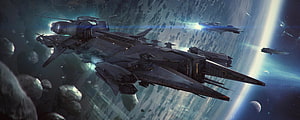 Star Citizen Space Fleet in Orbit Above a Rocky Planet with Asteroid Field HD wallpaper