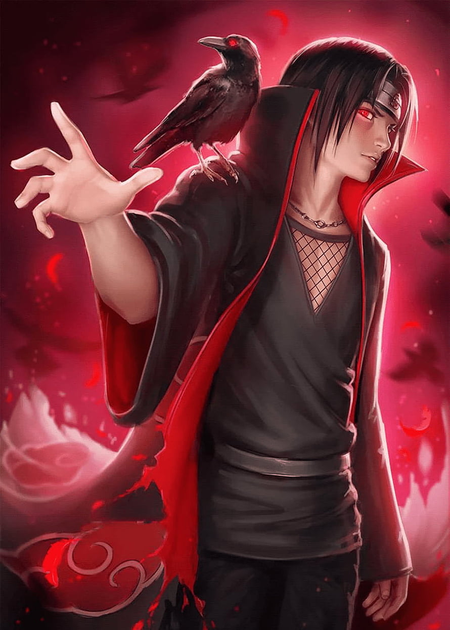 Itachi Uchiha in Akatsuki Cloak with Crow and Sharingan Anime Wallpaper HD phone wallpaper