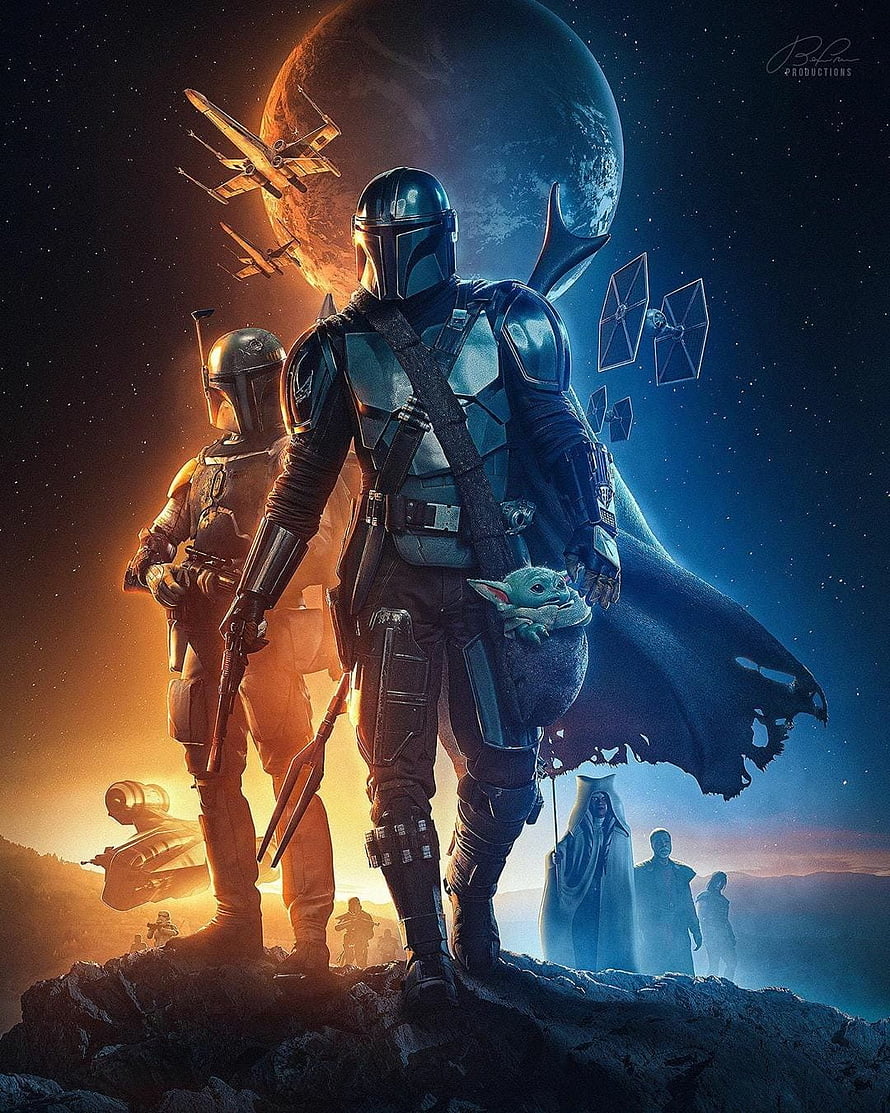 The Mandalorian and Grogu standing on a rocky cliff with Beskar armor, TIE fighters, and a planet in the background, The Mandalorian season 2 poster in 2020. Star wars , Star wars poster, Star wars background HD phone wallpaper