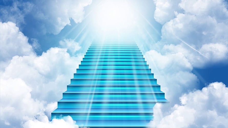 Stairway to Heaven Concept Art with Glowing Blue Steps and Divine Light Rays in Cloudy Sky HD wallpaper