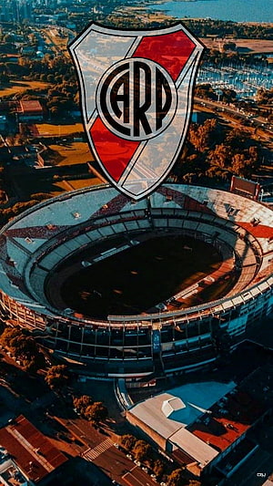 Aerial View of Estadio Monumental with River Plate Crest Overlay in Buenos Aires Argentina HD phone wallpaper