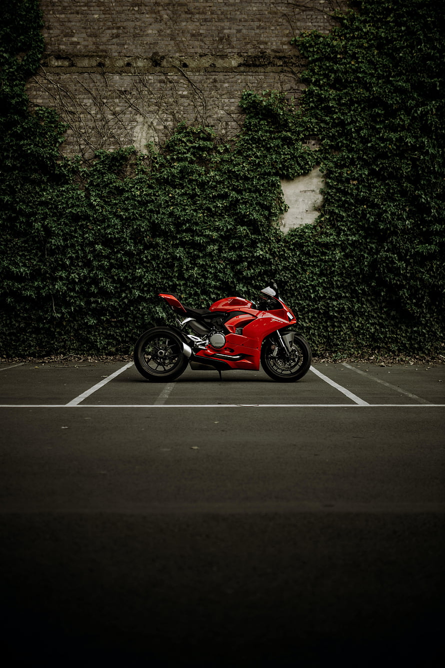 Red sport motorcycle parked in front of ivy-covered brick wall HD phone wallpaper