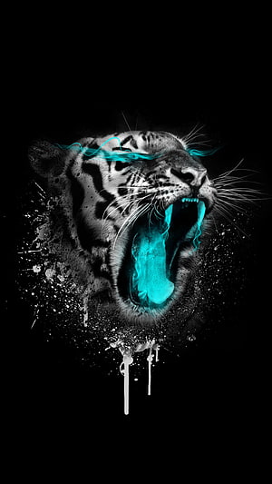 Fierce Black Tiger Roar with Neon Cyan Accents and Ink Splatter Art HD phone wallpaper