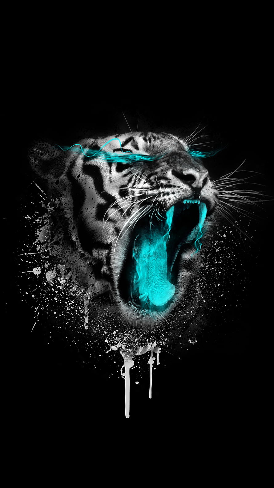 Fierce Black Tiger Roar with Neon Cyan Accents and Ink Splatter Art HD phone wallpaper