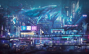 Cyberpunk Cityscape with Giant Whales Swimming Through Neon Skyline HD wallpaper