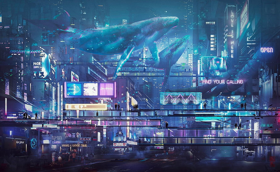 Cyberpunk Cityscape with Giant Whales Swimming Through Neon Skyline HD wallpaper