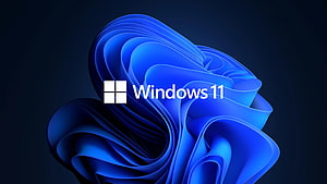 Windows 11 Default Blue Bloom Wallpaper with Official Logo on Dark Background HD wallpaper